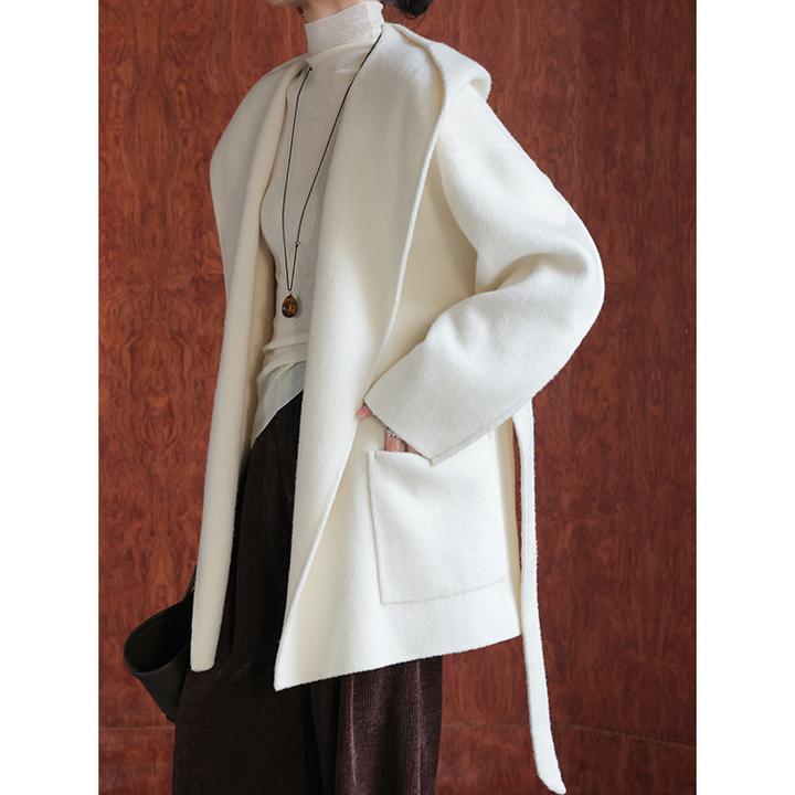 JWUNIQUE酒窝米白色高级感连帽双面羊毛大衣女2025年秋冬毛呢外套