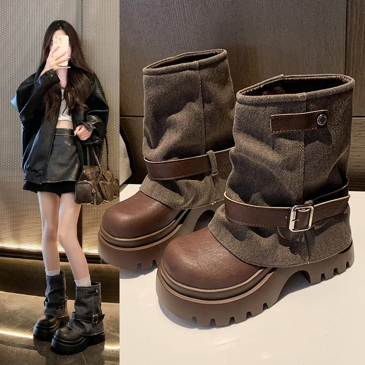 厚底马丁靴女2025秋冬新款小个子内增高靴子中筒烟筒靴百搭裤管靴