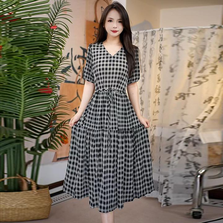 夏季格子大摆裙法式系带中长款连衣裙气质碎花千金风泡泡袖裙子