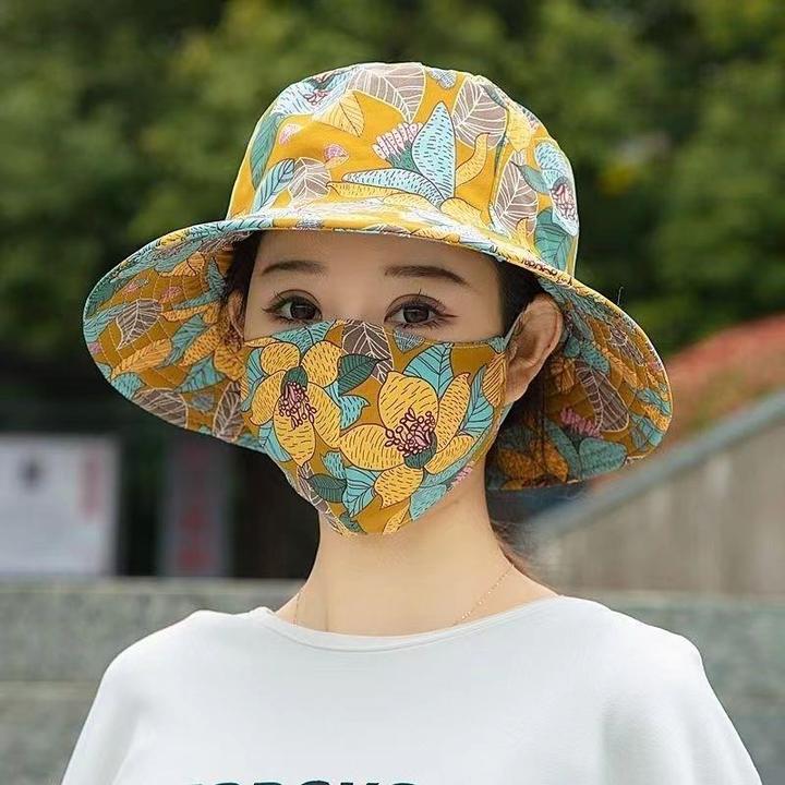 夏季新款口罩一体防晒帽遮阳大沿干活紫外线采茶太阳渔夫帽女妈妈