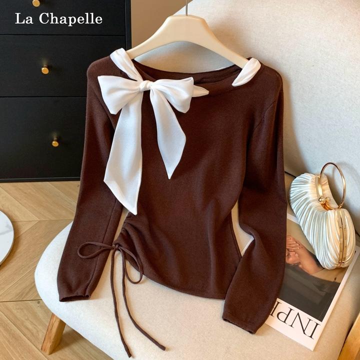拉夏贝尔秋冬丝巾系带长袖针织衫女早秋斜肩气质外穿内搭打底衫