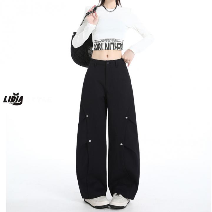 藏蓝色阔腿工装休闲裤女2025秋季辣妹炸街显瘦褶皱宽松弯刀裤子