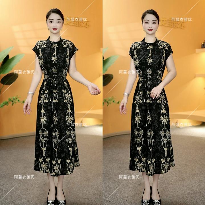 【衣雅严选】8121-2067#新款正版重磅弹力缎烫金满天星系带连衣裙