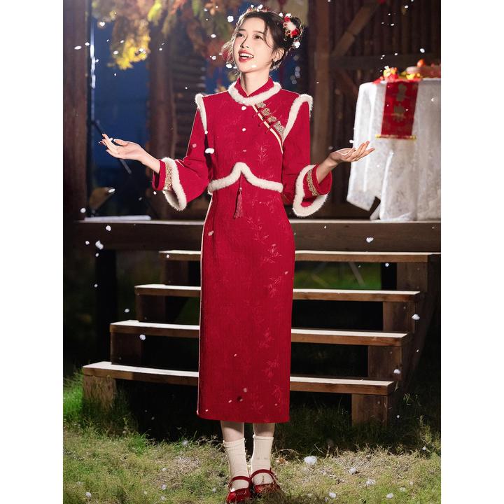 红色旗袍敬酒服2024新款改良新娘冬季长袖加厚保暖过年拜年服日常