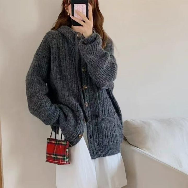 慵懒风针织春秋女针织开衫针织衫上衣连帽毛针织衫宽松百搭外套