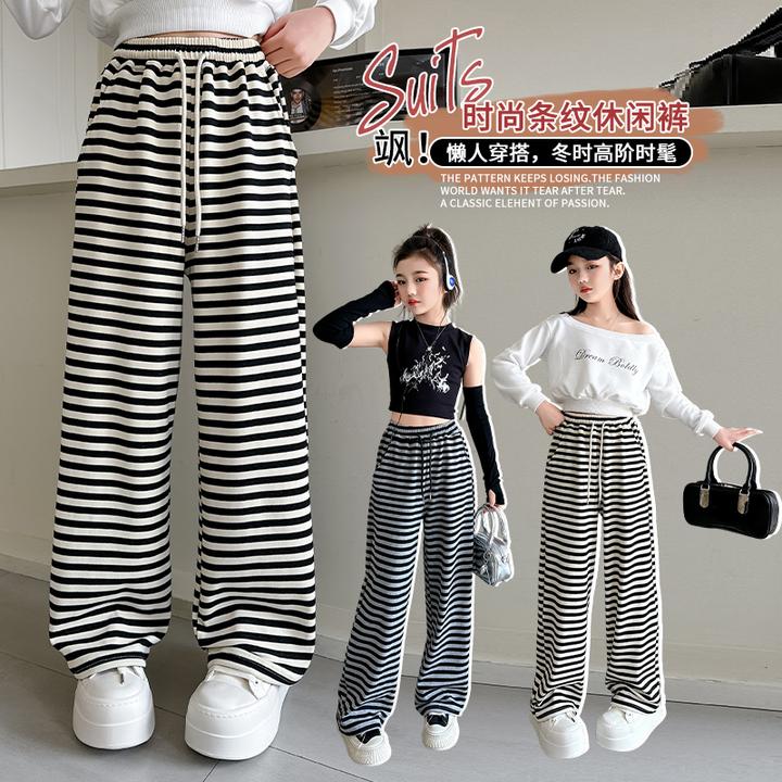 女童休闲裤子2025新款6-12岁15岁中大儿童洋气宽松春秋条纹阔腿裤