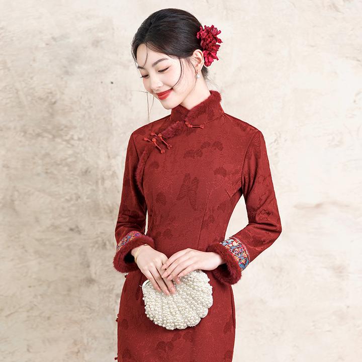 喜婆婆婚宴装喜妈妈礼服2025新款加厚加绒保暖妈妈红色旗袍秋冬天