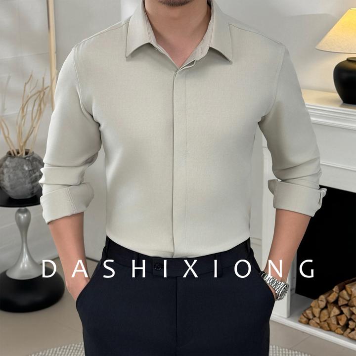 男士秋季商务休闲羊毛翻领立领高品质修身纯色高级感修身长袖衬衫