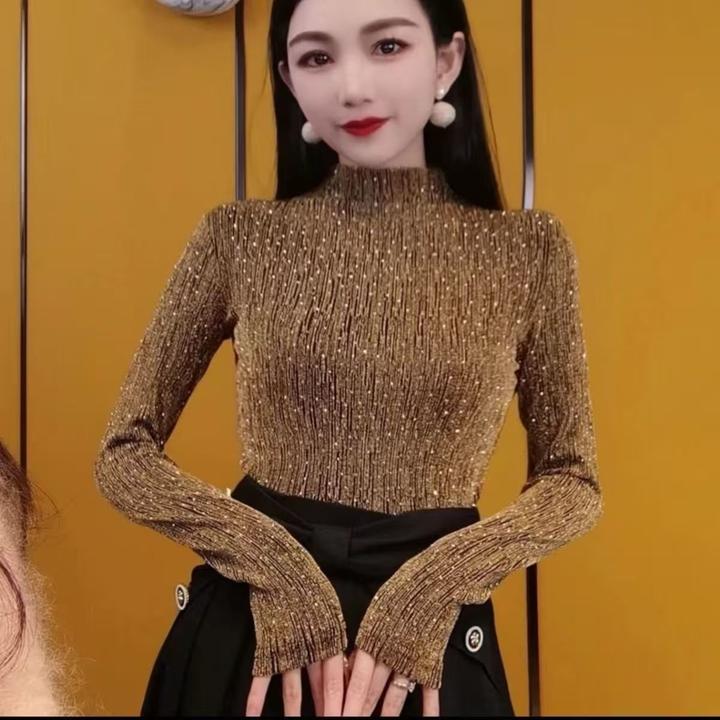 801【新疆包邮】打底衫女内搭秋冬新款时尚烫钻上衣修身显瘦