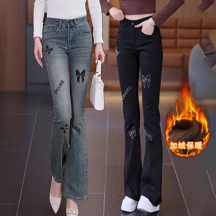 2025年春秋冬休闲大码复古微喇裤长裤蝴蝶烫钻刺绣喇叭牛仔裤女