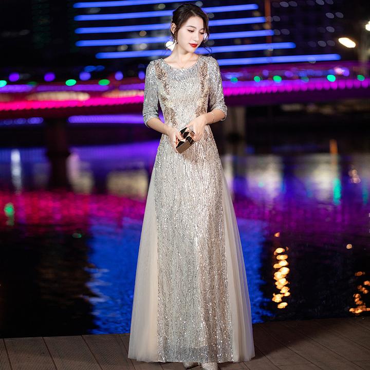 晚礼服女2025新款春秋宴会气质名媛亮片名媛主持人端庄大气连衣裙