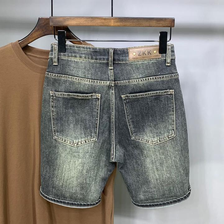 复古蓝做旧五分牛仔短裤男款高档潮牌美式街头修身简约百搭马裤子