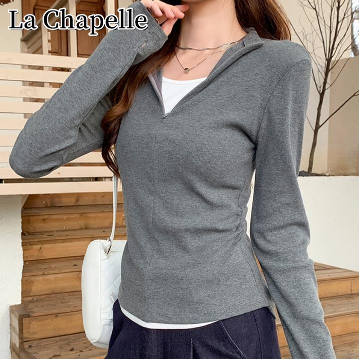 拉夏贝尔秋季假两件半开领长袖t恤洋气百搭褶皱收腰显瘦短款上衣