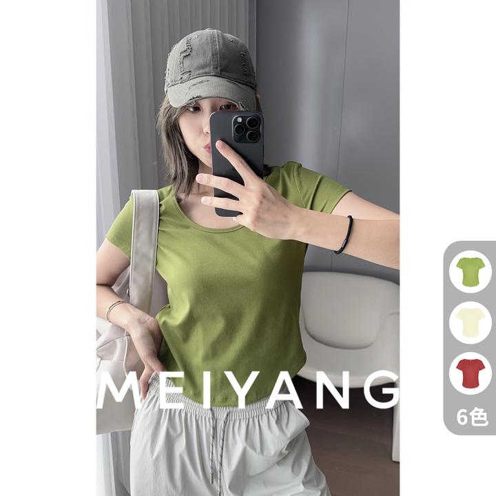A美洋MEIYANG 微笑线T恤 好心情滤镜！弹力圆领短款短袖上衣-周二