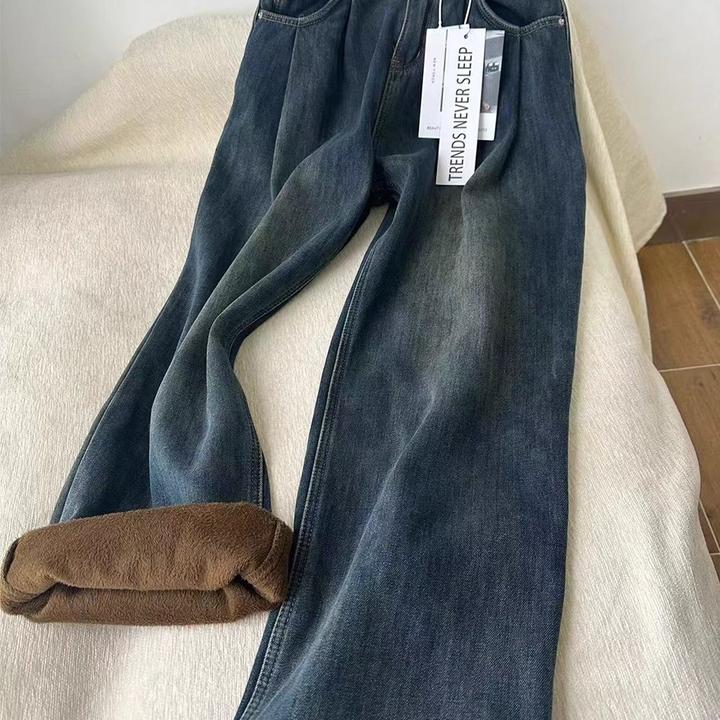 大码高个子加绒牛仔裤女2025冬季宽松高腰休闲显瘦直筒阔腿拖地裤