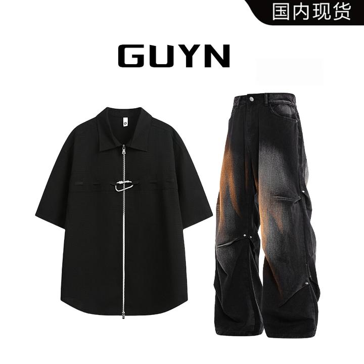 【品牌现货】GUYN黑色设计拉链衬衫套装夏季半袖休闲短袖T恤牛仔裤