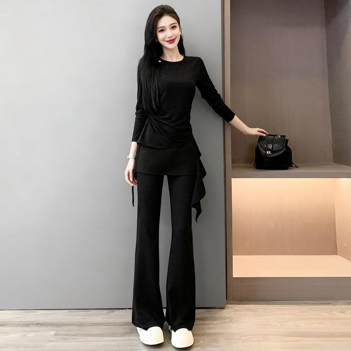 时尚气质减龄套装女秋新款圆领长袖上衣假两件修身显瘦长裤两件套