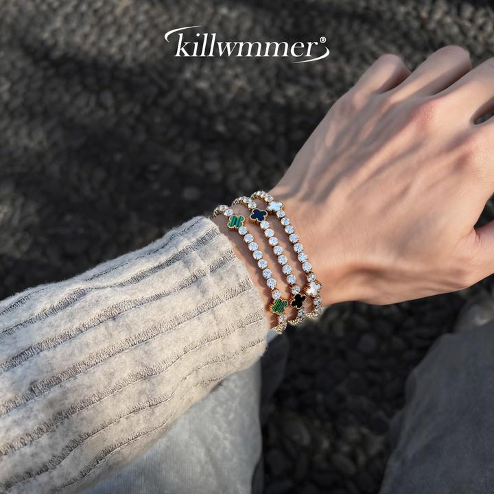 钛钢锆石手链 不掉色四叶草钛钢网球手链男金色幸运草情侣手链女