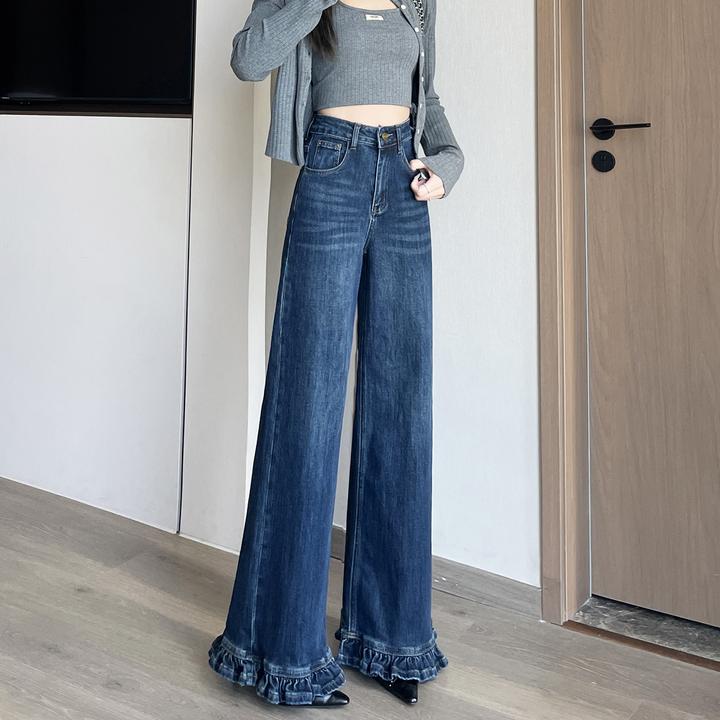 复古木耳花边直筒裤小个子阔腿牛仔裤女高腰宽松垂感微喇九分裤