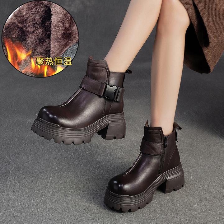 9168-30秋季修面皮高跟圆头休闲风马丁靴做旧默认筒高防水台