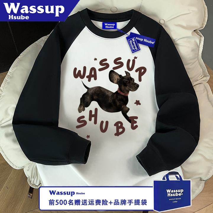 WASSUP HSUBE潮流美式百搭狗狗长袖休闲宽松圆领印花秋冬情侣上衣