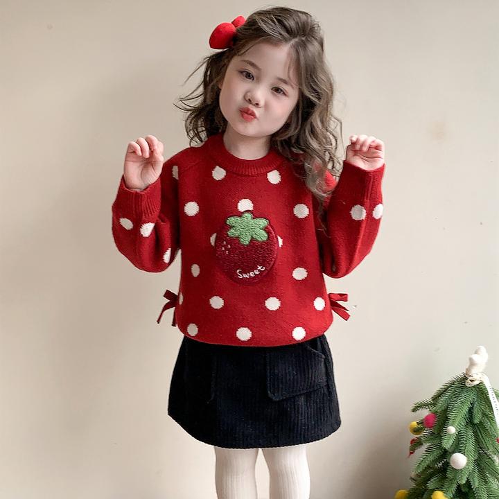 女童草莓圆点毛衣2025冬季新款女宝宝时尚加厚圆领套头针织打底衫