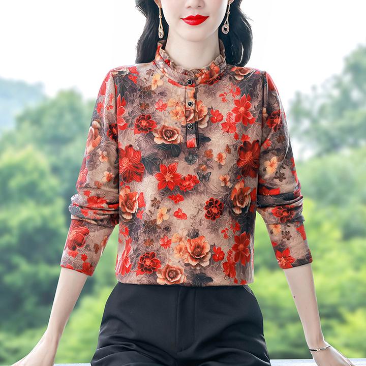 秋冬时尚中年半高花边领加绒加厚长袖百搭打底衫印花洋气显瘦上衣