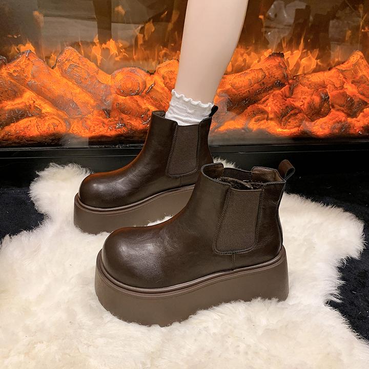 英伦风厚底烟筒马丁靴女2025新款秋冬加绒小个子增高切尔西短靴子