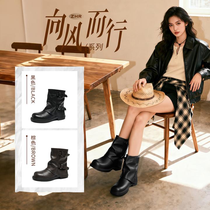 ZHR长筒靴女2025新款美拉德褶皱堆堆靴厚底显瘦皮带扣西部骑士靴