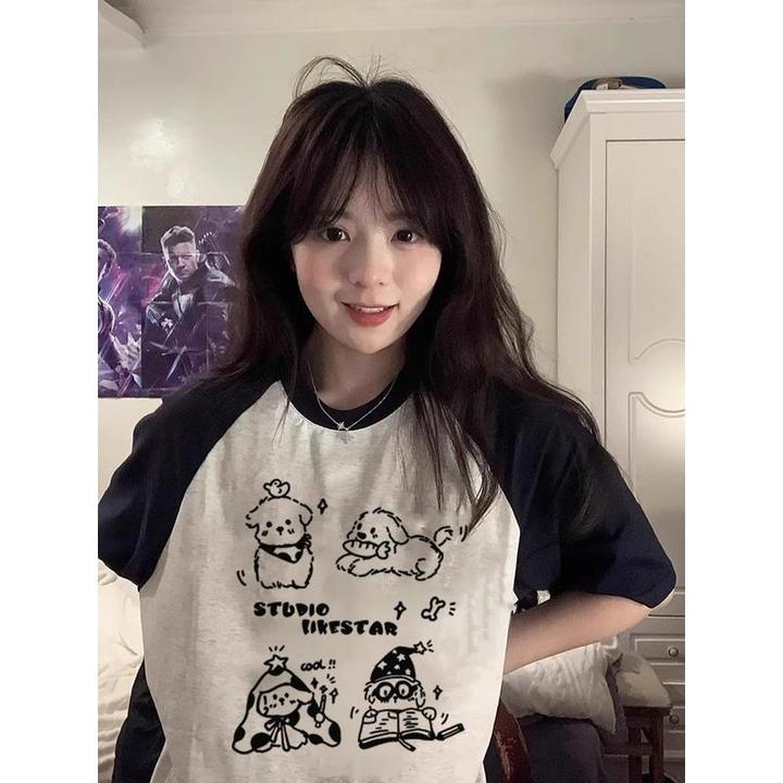 夏季纯棉大码胖MM插肩袖撞色拼接短袖美式T恤女设计感韩版情侣装