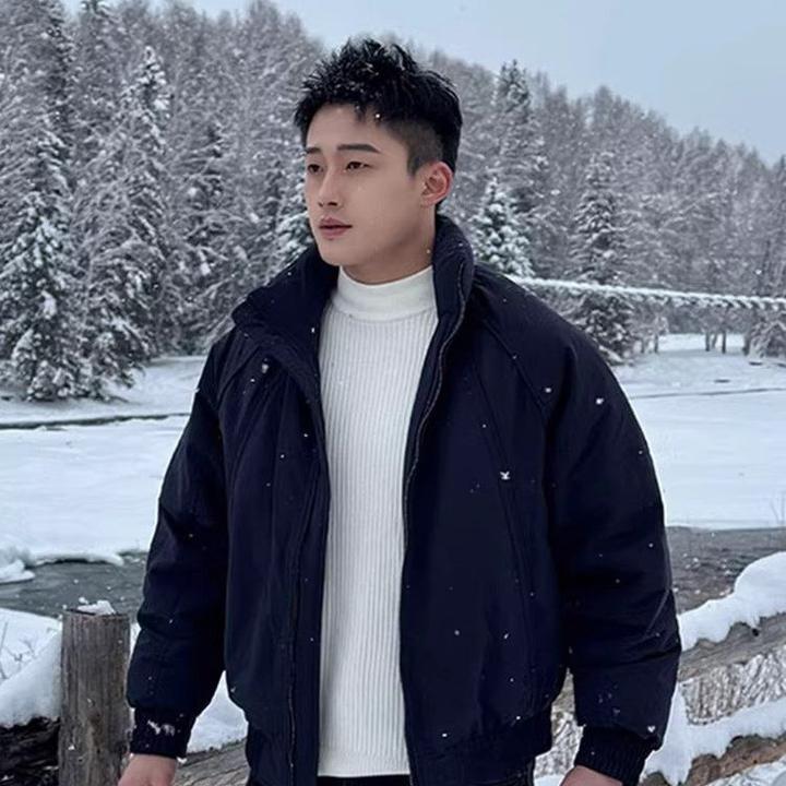 白鸭绒藏青色解构短款羽绒服男款冬季高级感加厚保暖压褶羽绒外套