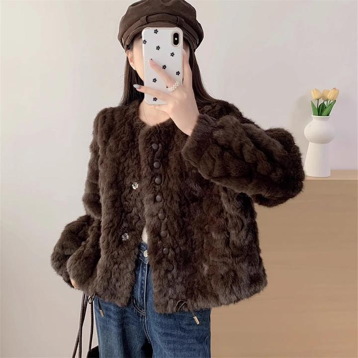 拉夏贝尔小香风加厚皮毛一体短款外套女秋冬季新款高级感洋气上衣