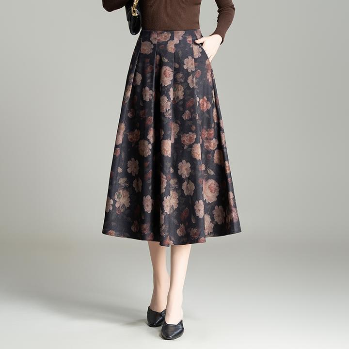 复古印花半身裙小个子垂感高级感A字女裙子春秋中长款气质百褶裙