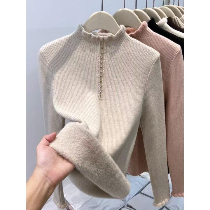 秋冬新款加绒加厚毛衣一体长袖针织衫打底保暖高领上衣