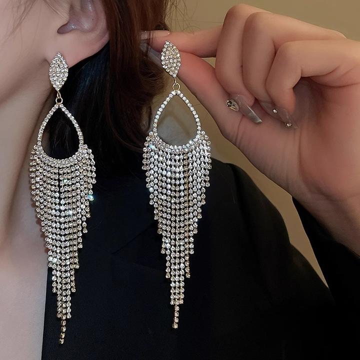 合金耳饰 轻奢夸张超闪重工长款耳环 小众百搭甜美满钻时尚耳饰品