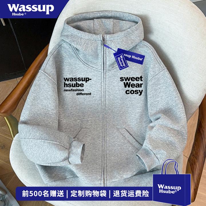 WASSUP HSUBE小众设计感字母印花连帽开衫卫衣男女秋冬季高领外套