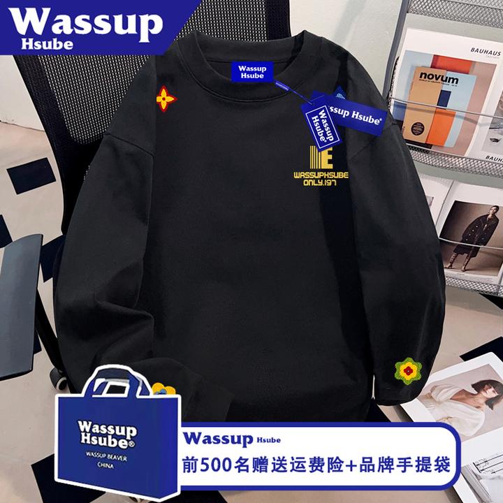 WASSUP HSUBE创意图案印花T恤ins秋季纯棉长袖男女款黑色休闲上衣
