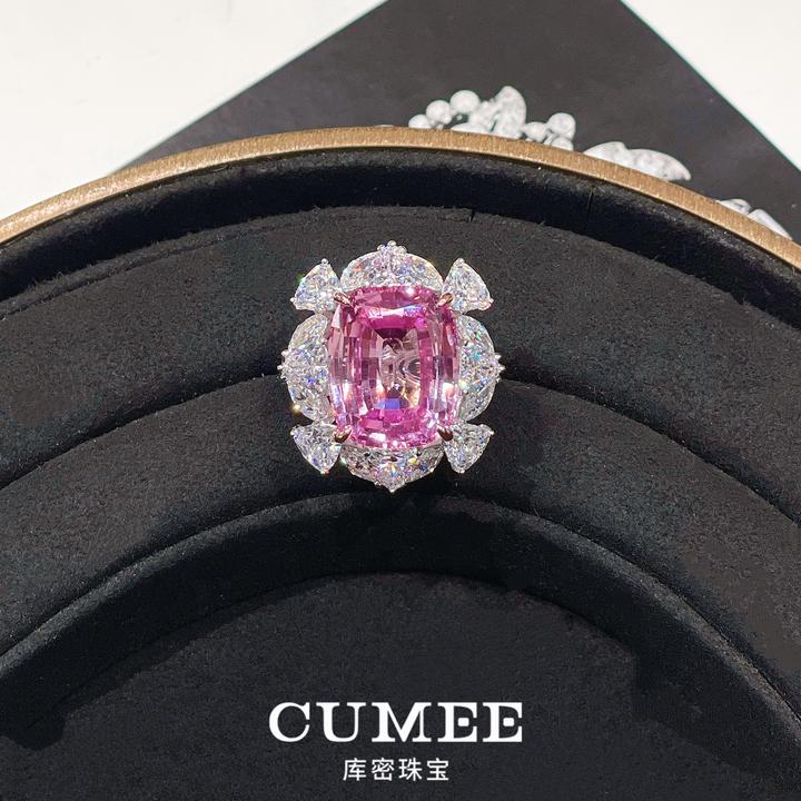 925银戒指 CUMEE 奢华高定晚宴女戒指 大克拉樱花粉合成宝石戒指.
