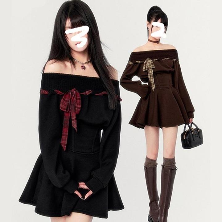 大码胖妹妹春季一字领收腰显瘦长袖格绑带蝴蝶结裙连衣裙短裙女装