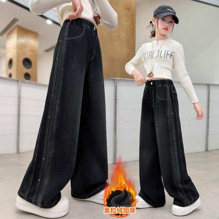 女童加绒直筒牛仔裤秋冬款2025新款中大童一体绒冬季儿童阔腿裤子