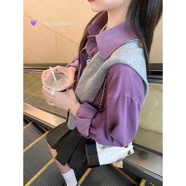 慵懒风宽松长袖衬衫女士早春新款宽松中长款polo领葡萄紫外搭开衫