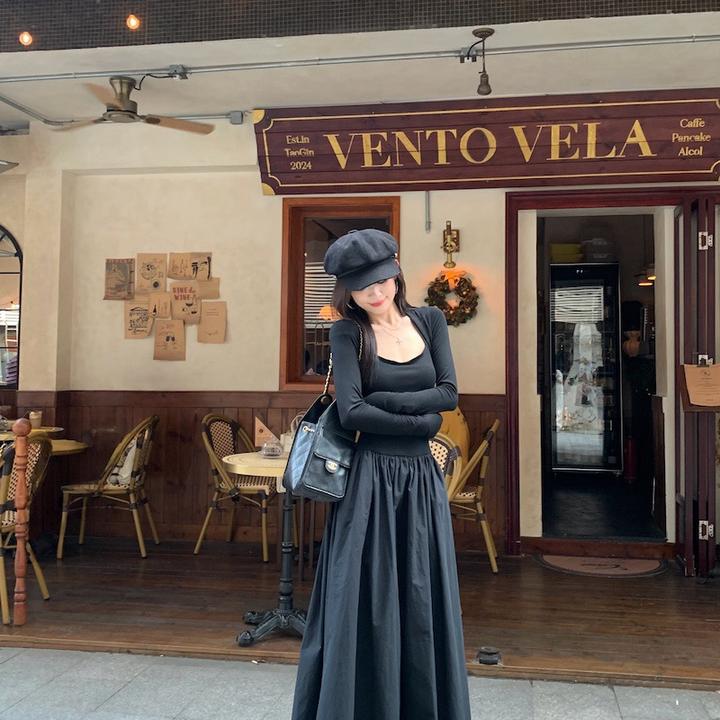 纯欲风拼接方领长袖连衣裙2025秋季新款高腰大摆裙A字长裙女chic