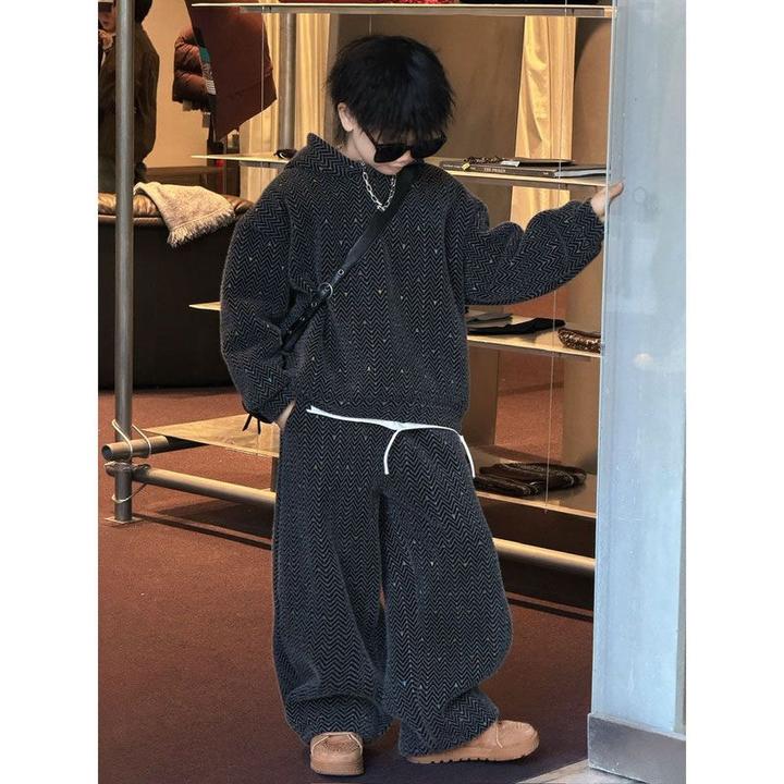 男童提花呢子套装新款秋冬女童加绒连帽卫衣长裤儿童韩版两件套装