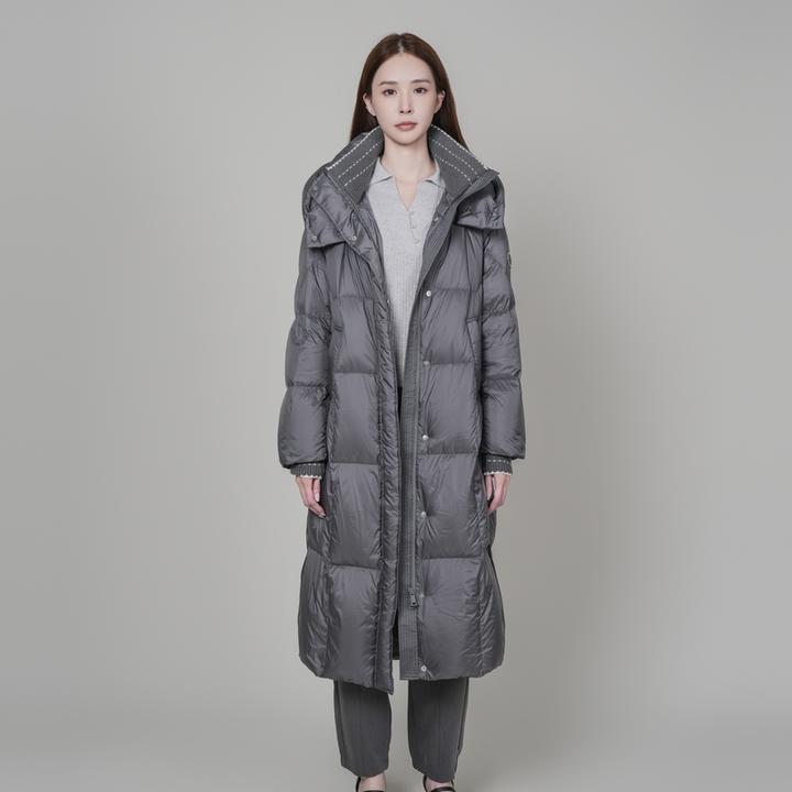 XG雪歌深灰针织拼接长款保暖羽绒服通勤百搭连帽白鸭绒过膝外套