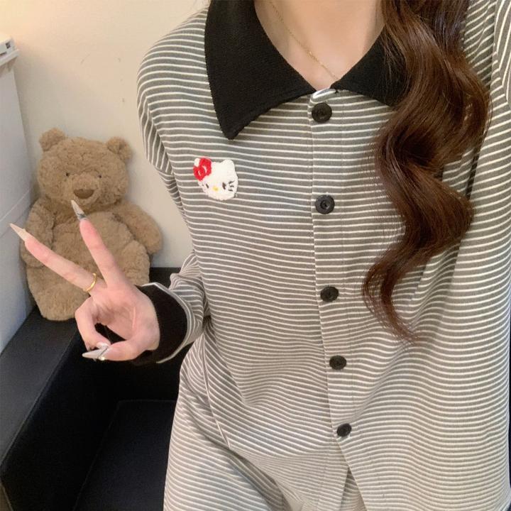 长袖睡衣女秋冬季德绒磨毛大码2025新款条纹kt猫套装可外穿家居服