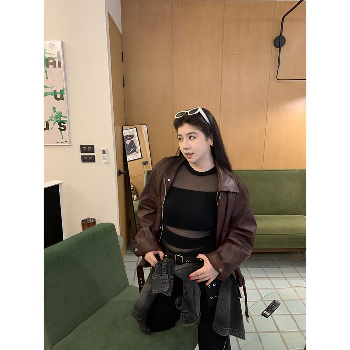 李洒洒子SaSa 春款皮衣女黑色微胖显瘦短外套安可拉红大码女装