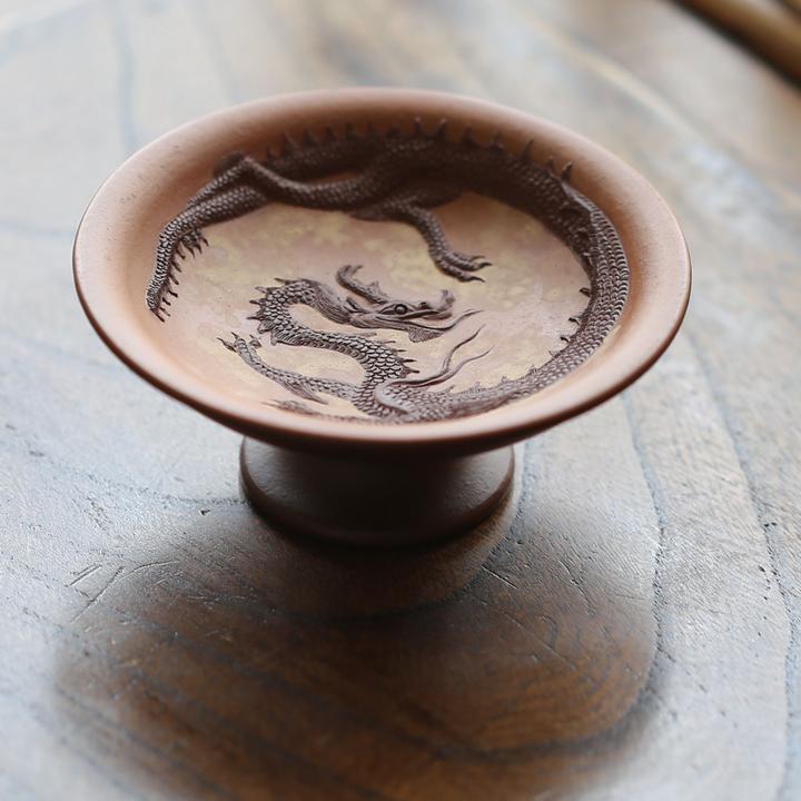 【高妙泥绘】金一 全手工《云龙纹堆绘高足碟形紫砂杯》宜兴紫砂杯