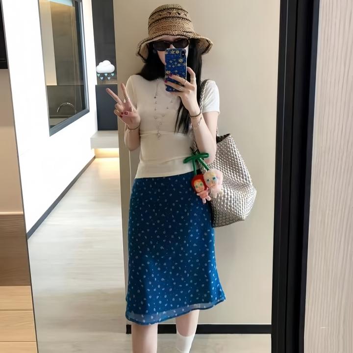 穿搭一整套女韩版小众短袖纯棉上衣高腰半身裙两件套套装