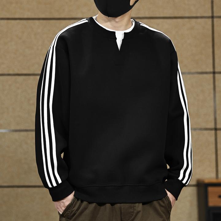 高端日系复古假两件V领卫衣男士2025秋季新款三条杠条纹休闲上衣