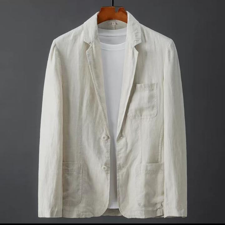 设计师款亚麻西装男秋季修身时尚休闲商务薄款透气舒适单西服外套